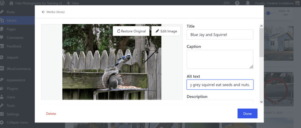 A screenshot of the editing window for images on a WordPress Website.